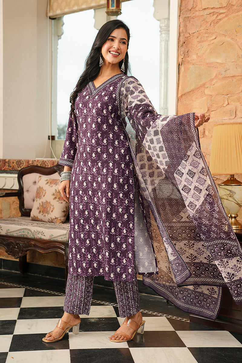 Purple Cotton Blend Ethnic Motifs Printed Straight Kurta Trousers With Dupatta VKSKD2397