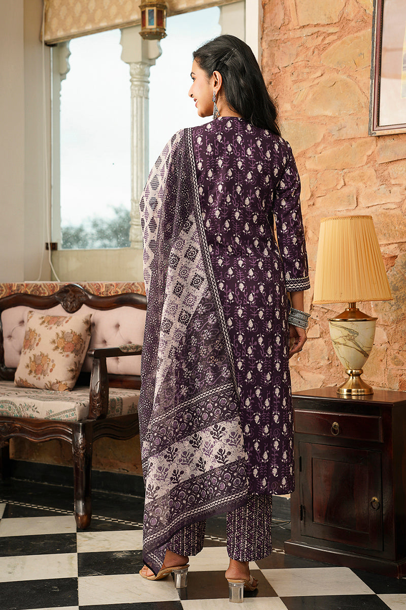 Purple Cotton Blend Ethnic Motifs Printed Straight Kurta Trousers With Dupatta VKSKD2397