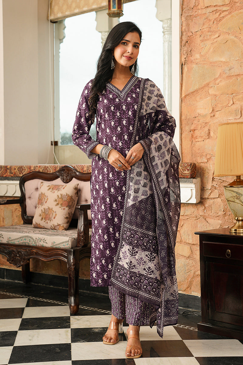 Purple Cotton Blend Ethnic Motifs Printed Straight Kurta Trousers With Dupatta VKSKD2397