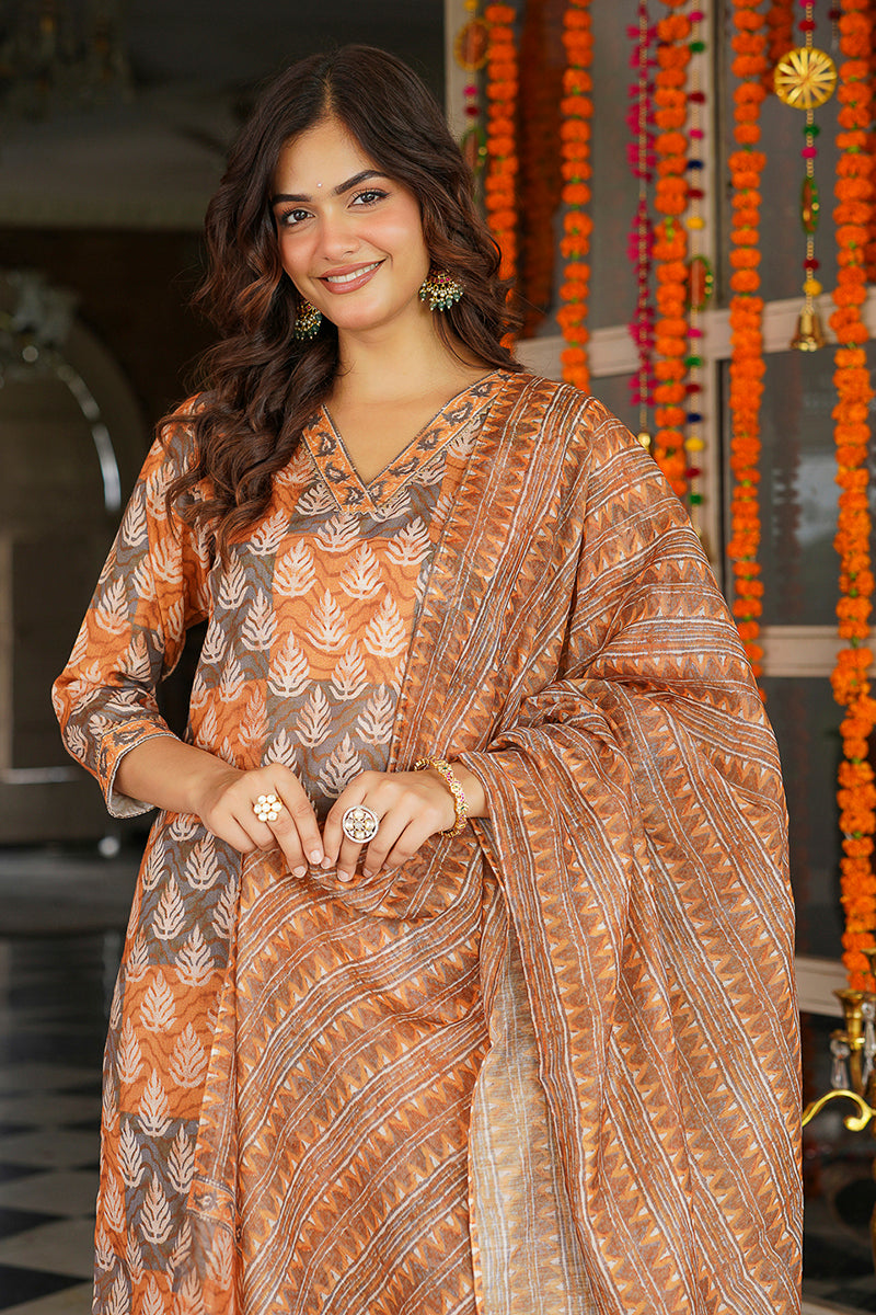 Multicolor Cotton Blend Ethnic Motifs Printed Straight Kurta Trousers With Dupatta VKSKD2398