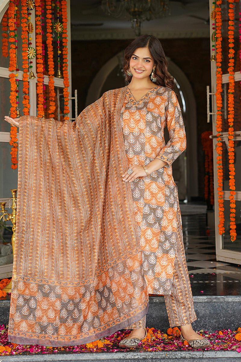 Multicolor Cotton Blend Ethnic Motifs Printed Straight Kurta Trousers With Dupatta VKSKD2398