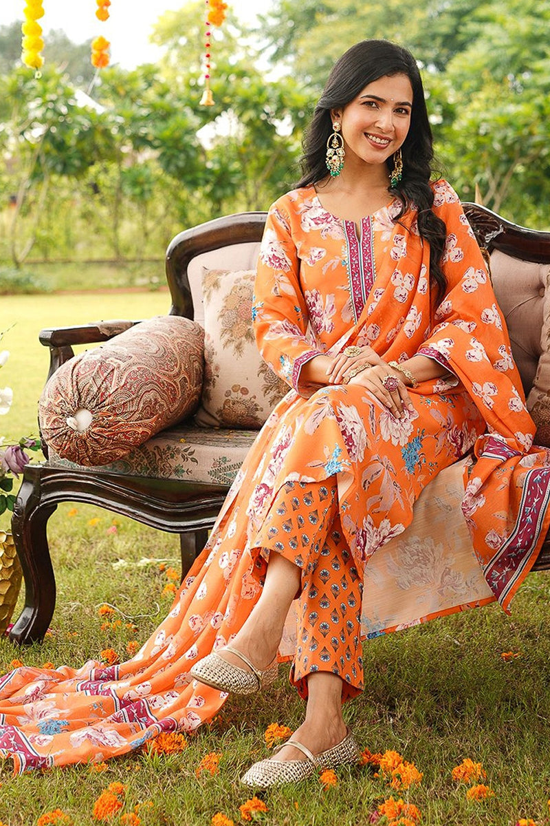 Orange Cotton Blend Floral Printed Straight Kurta Trousers With Dupatta VKSKD2399