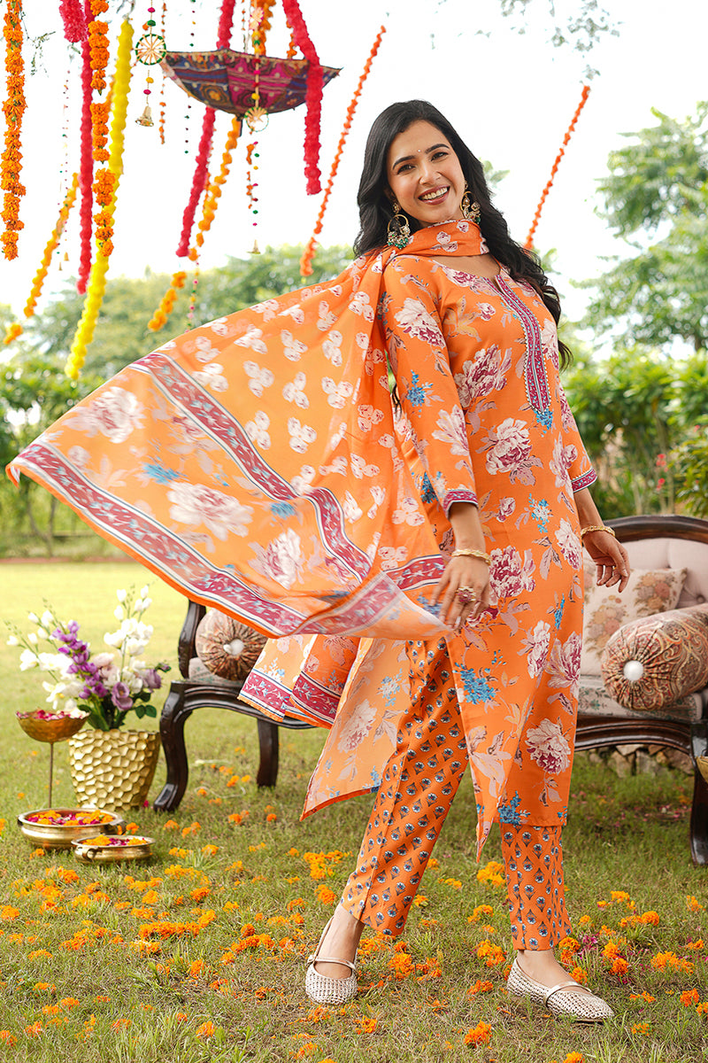 Orange Cotton Blend Floral Printed Straight Kurta Trousers With Dupatta VKSKD2399