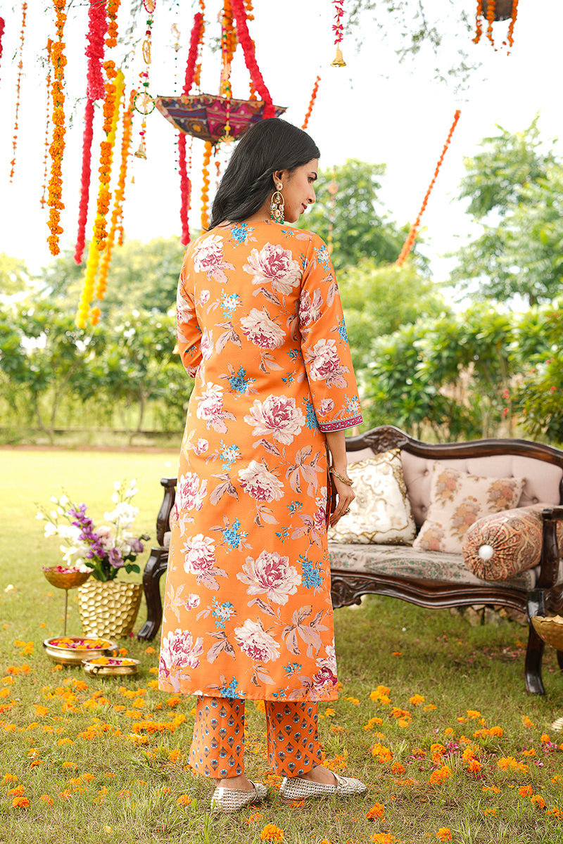Orange Cotton Blend Floral Printed Straight Kurta Trousers With Dupatta VKSKD2399