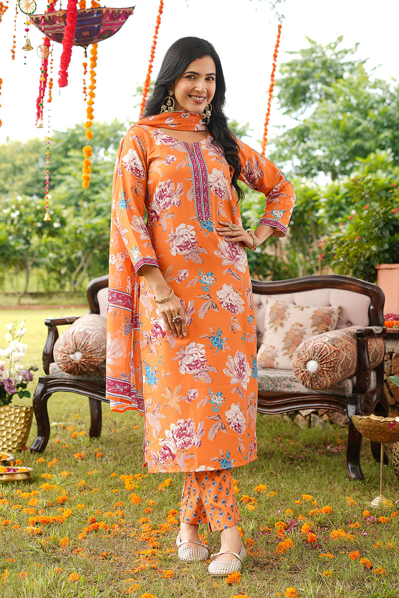 Orange Cotton Blend Floral Printed Straight Kurta Trousers With Dupatta VKSKD2399