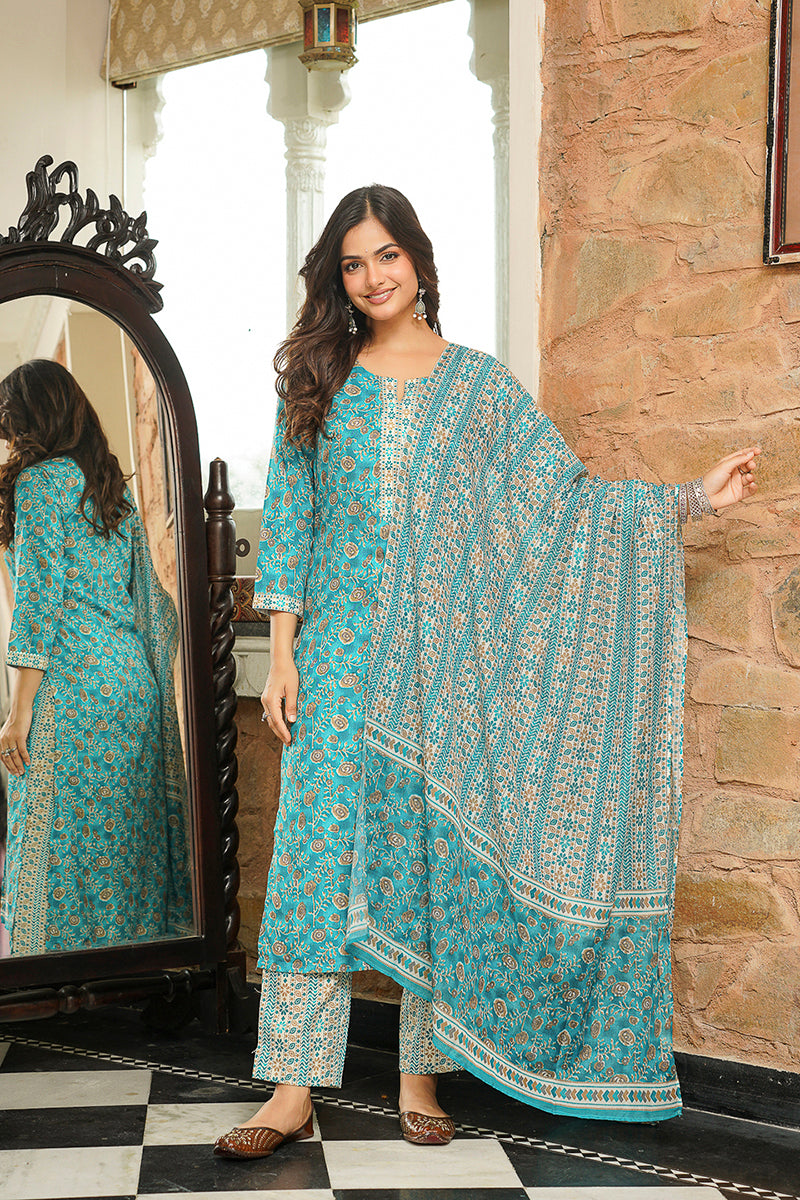 Turquoise Blue Coton Blend Printed Straight Kurta Trousers With Dupatta VKSKD2400