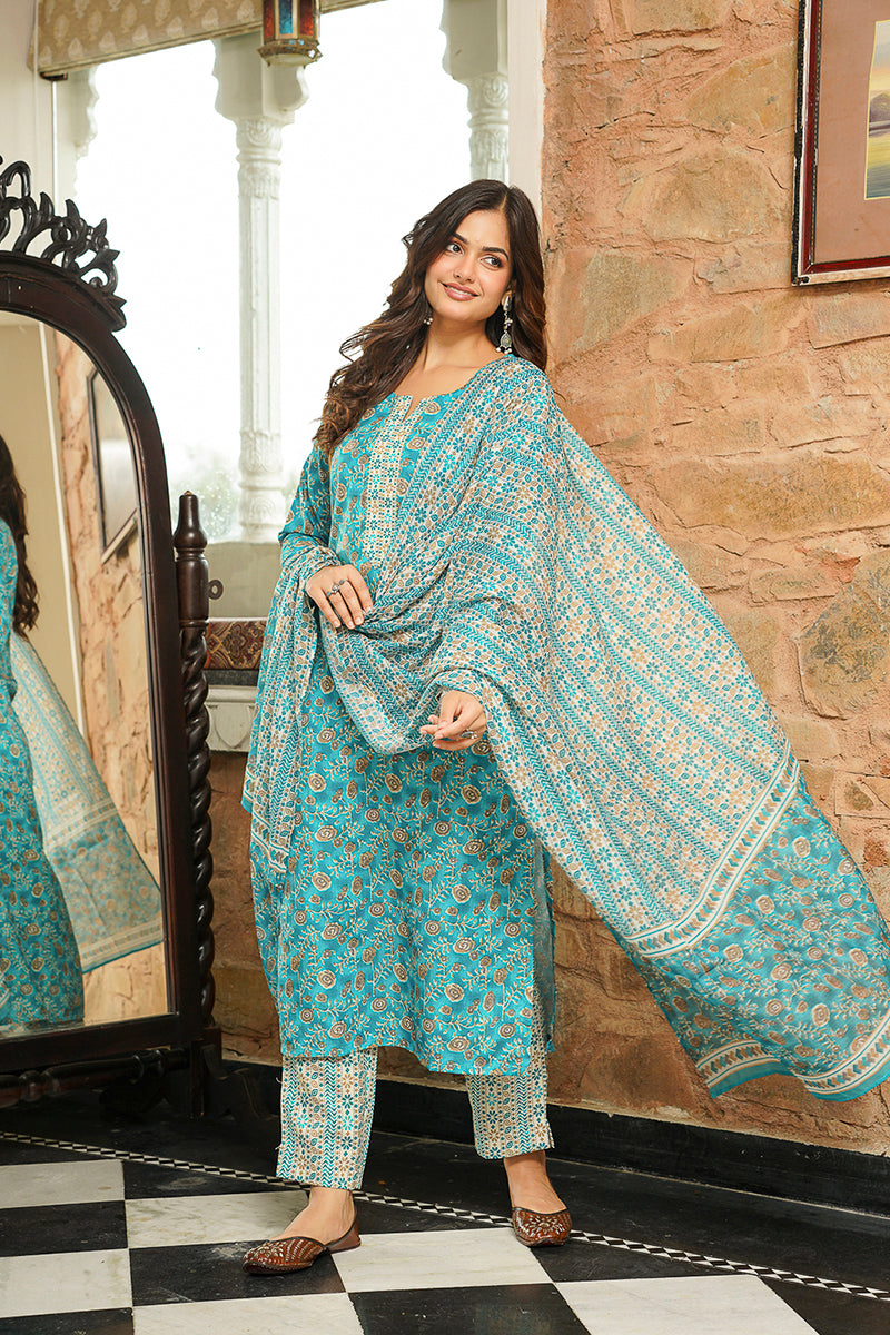 Turquoise Blue Coton Blend Printed Straight Kurta Trousers With Dupatta VKSKD2400