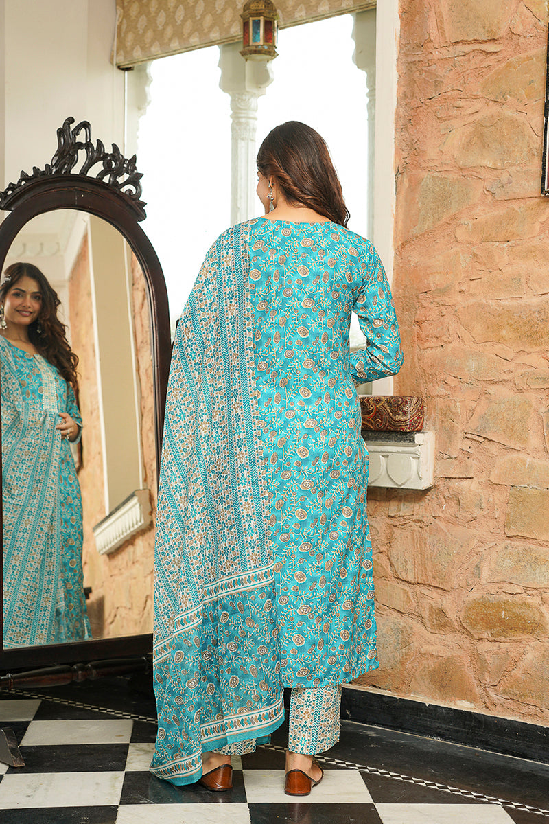 Turquoise Blue Coton Blend Printed Straight Kurta Trousers With Dupatta VKSKD2400