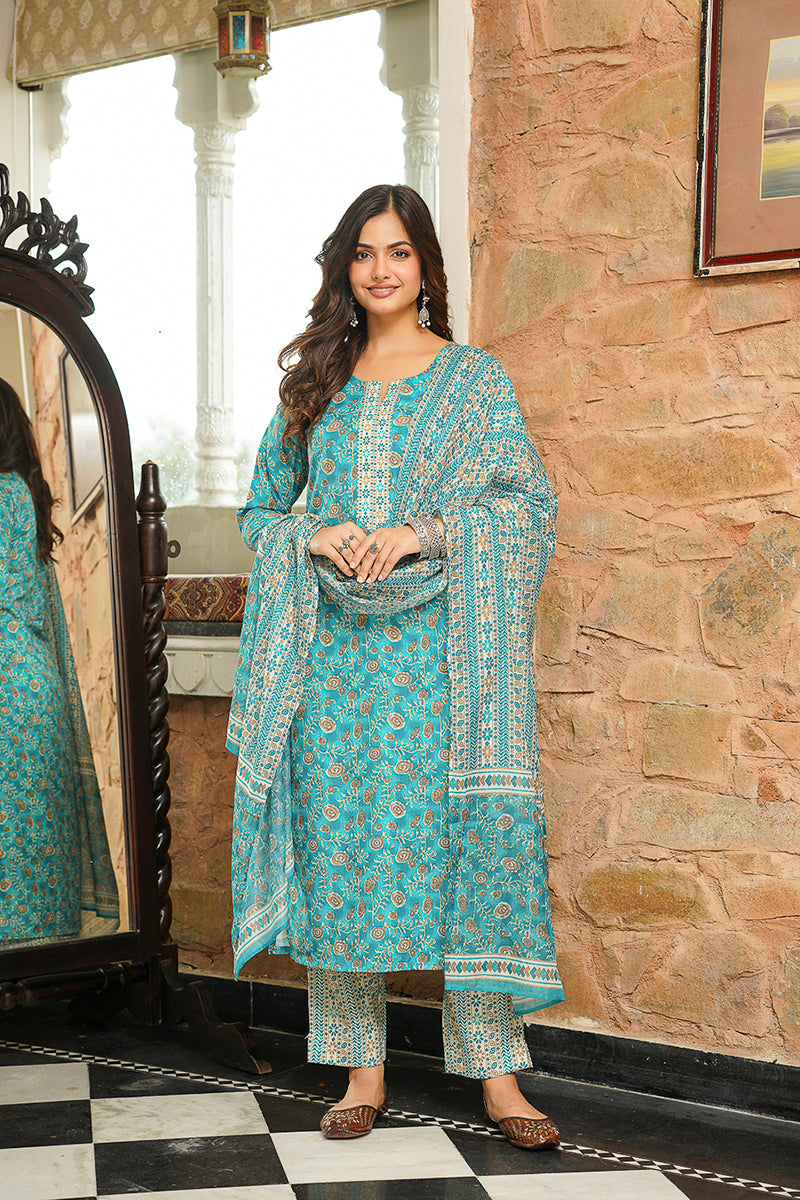 Turquoise Blue Coton Blend Printed Straight Kurta Trousers With Dupatta VKSKD2400
