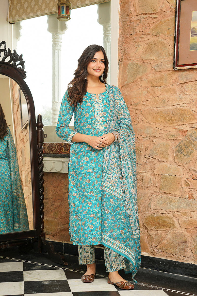 Turquoise Blue Coton Blend Printed Straight Kurta Trousers With Dupatta VKSKD2400