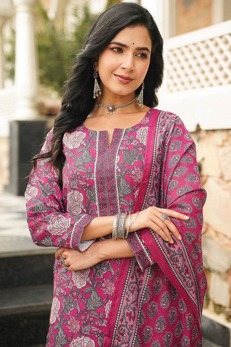 Pink Cotton Blend Floral Printed Straight Kurta Trousers With Dupatta VKSKD2401