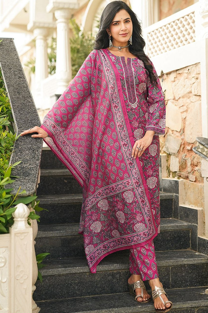 Pink Cotton Blend Floral Printed Straight Kurta Trousers With Dupatta VKSKD2401