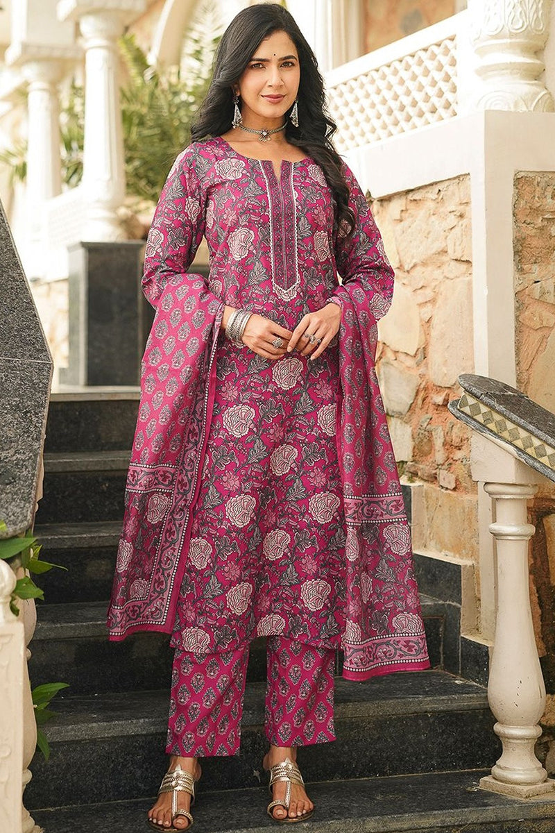 Pink Cotton Blend Floral Printed Straight Kurta Trousers With Dupatta VKSKD2401