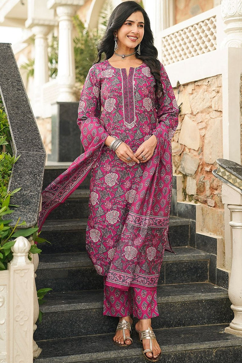 Pink Cotton Blend Floral Printed Straight Kurta Trousers With Dupatta VKSKD2401