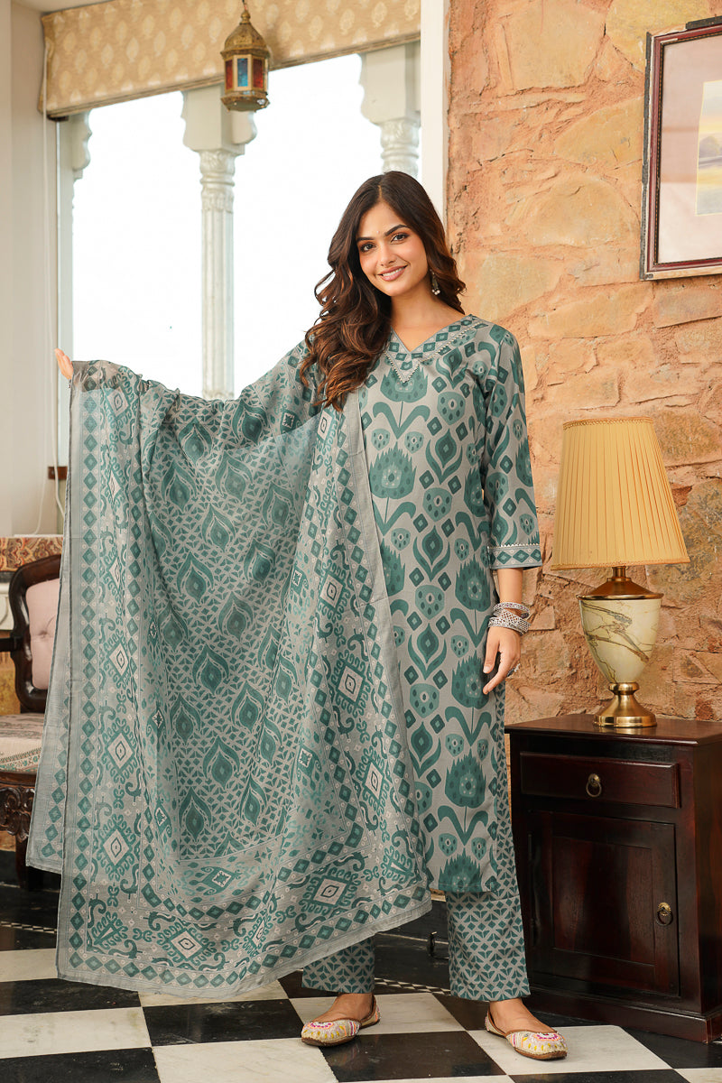 Grey Cotton Blend Ethnic Motifs Printed Straight Kurta Trousers With Dupatta VKSKD2403