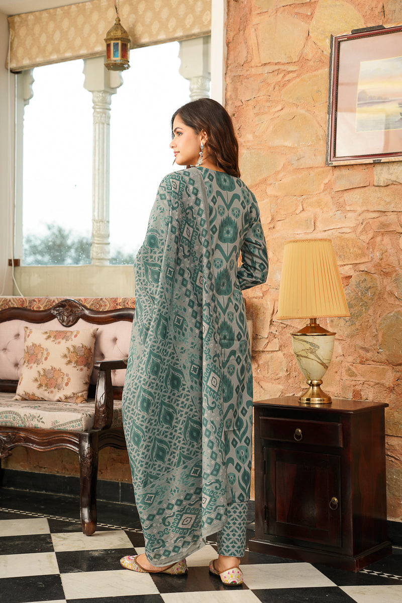 Grey Cotton Blend Ethnic Motifs Printed Straight Kurta Trousers With Dupatta VKSKD2403