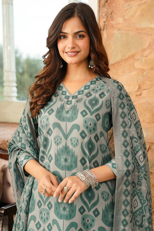 Grey Cotton Blend Ethnic Motifs Printed Straight Kurta Trousers With Dupatta VKSKD2403