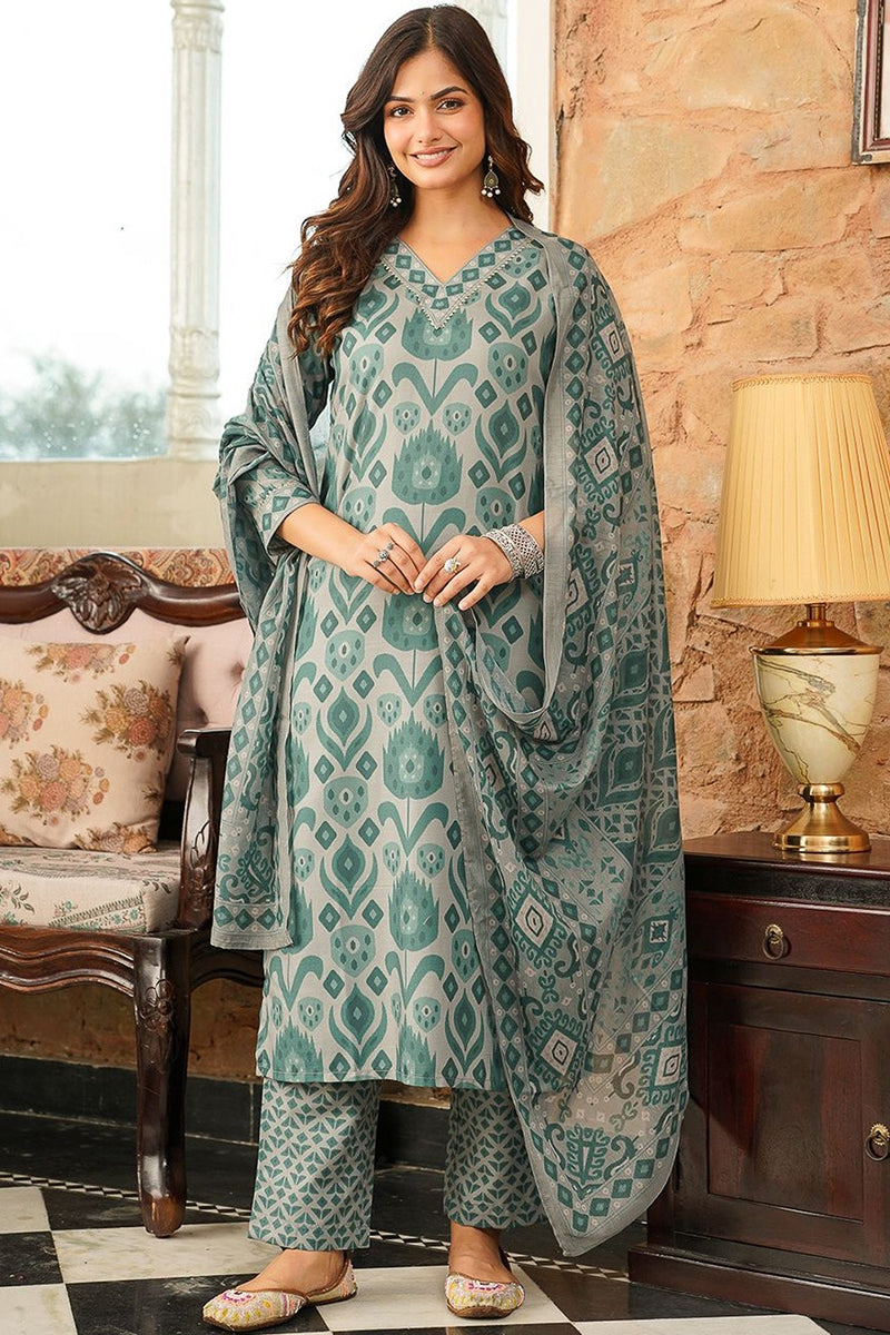 Grey Cotton Blend Ethnic Motifs Printed Straight Kurta Trousers With Dupatta VKSKD2403