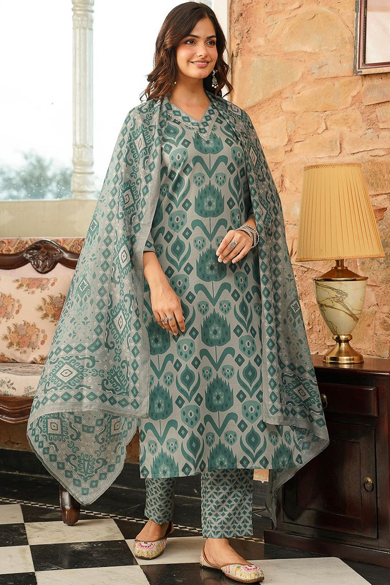 Grey Cotton Blend Ethnic Motifs Printed Straight Kurta Trousers With Dupatta VKSKD2403