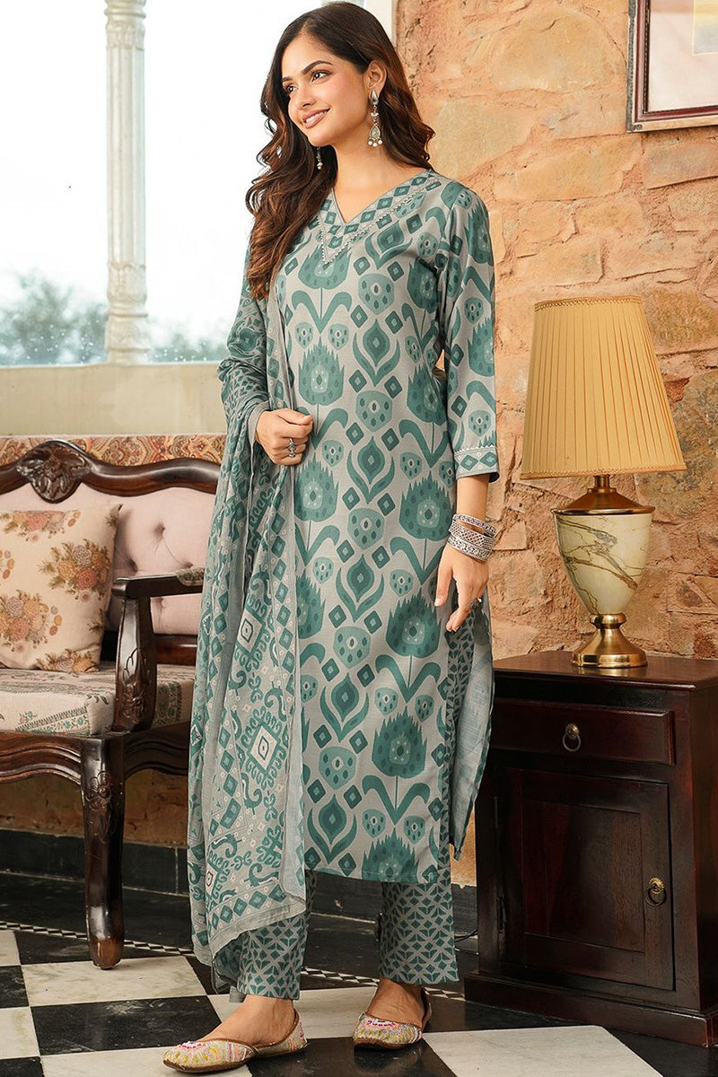 Grey Cotton Blend Ethnic Motifs Printed Straight Kurta Trousers With Dupatta VKSKD2403