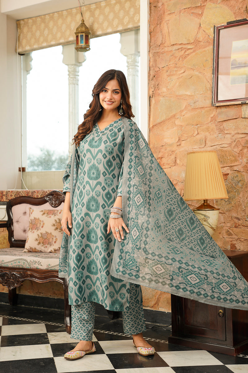Grey Cotton Blend Ethnic Motifs Printed Straight Kurta Trousers With Dupatta VKSKD2403