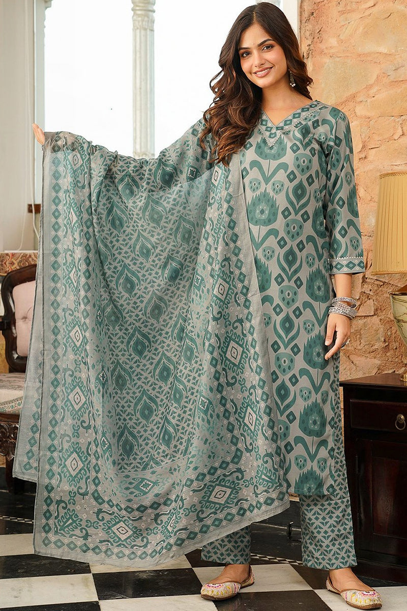 Grey Cotton Blend Ethnic Motifs Printed Straight Kurta Trousers With Dupatta VKSKD2403