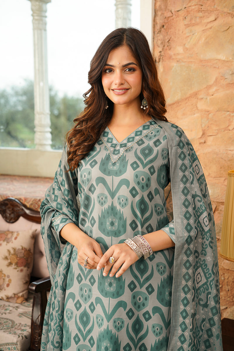 Grey Cotton Blend Ethnic Motifs Printed Straight Kurta Trousers With Dupatta VKSKD2403