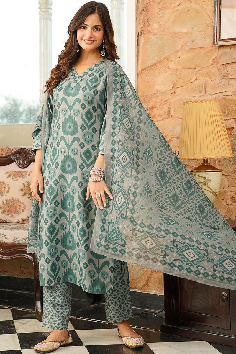 Grey Cotton Blend Ethnic Motifs Printed Straight Kurta Trousers With Dupatta VKSKD2403