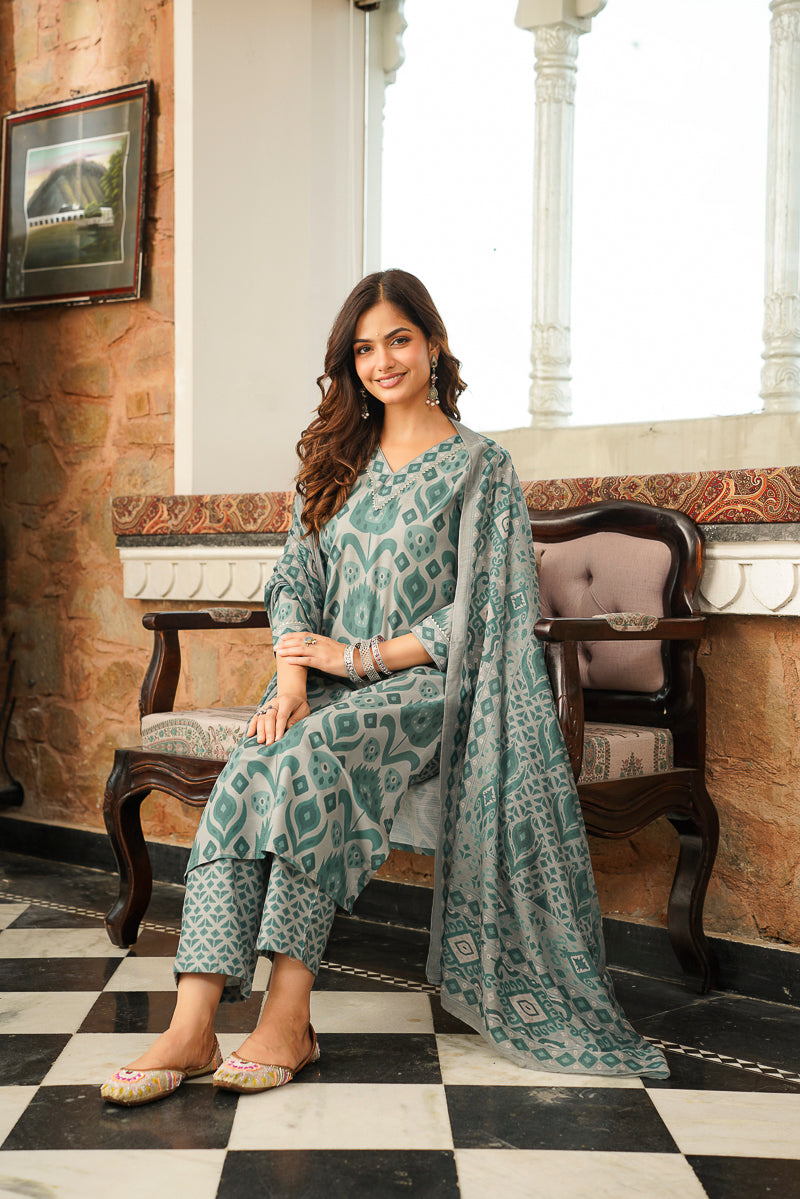 Grey Cotton Blend Ethnic Motifs Printed Straight Kurta Trousers With Dupatta VKSKD2403