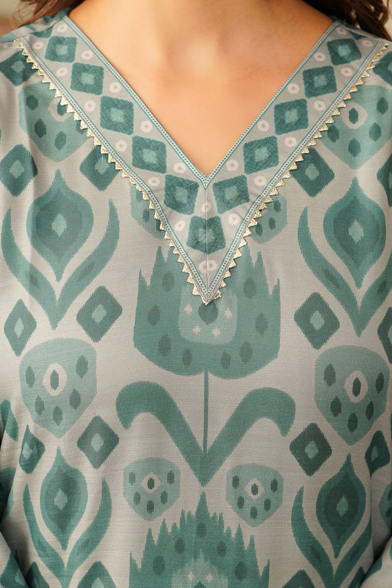 Grey Cotton Blend Ethnic Motifs Printed Straight Kurta Trousers With Dupatta VKSKD2403