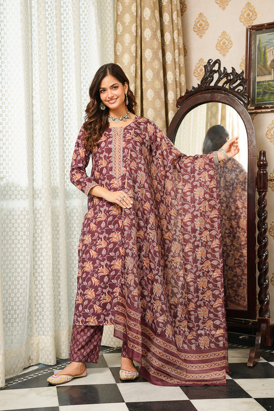 Brown Cotton Blend Floral Printed Straight Kurta Trousers With Dupatta VKSKD2404