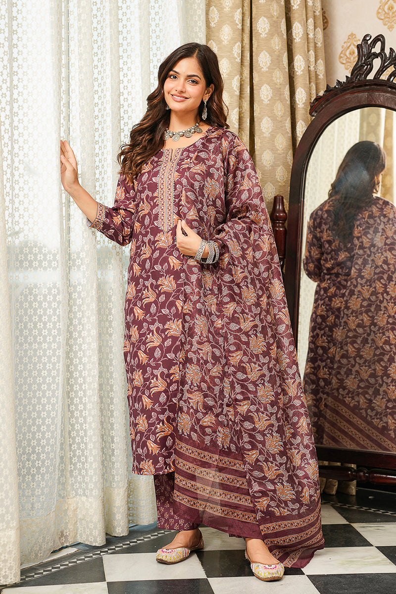 Brown Cotton Blend Floral Printed Straight Kurta Trousers With Dupatta VKSKD2404