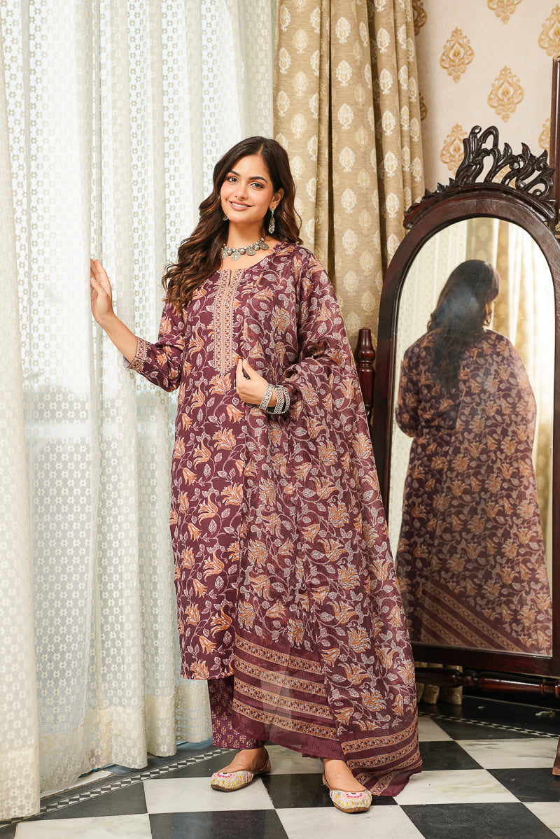 Brown Cotton Blend Floral Printed Straight Kurta Trousers With Dupatta VKSKD2404