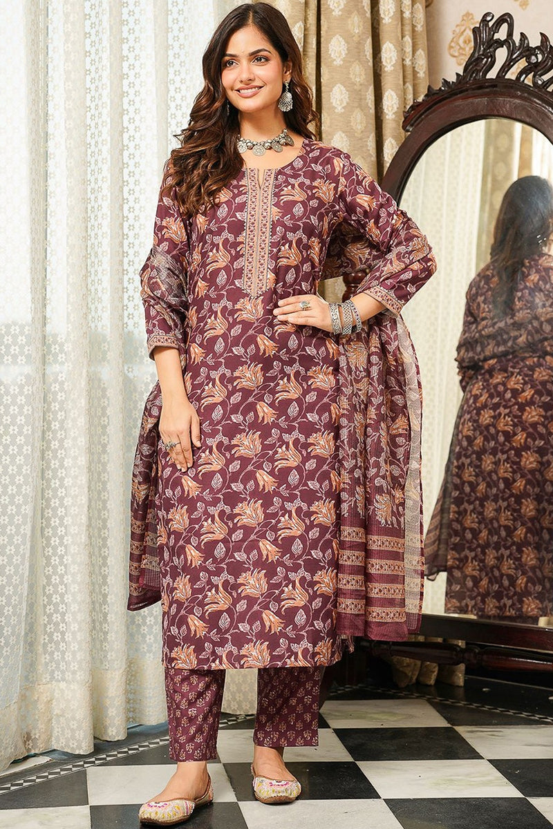 Brown Cotton Blend Floral Printed Straight Kurta Trousers With Dupatta VKSKD2404