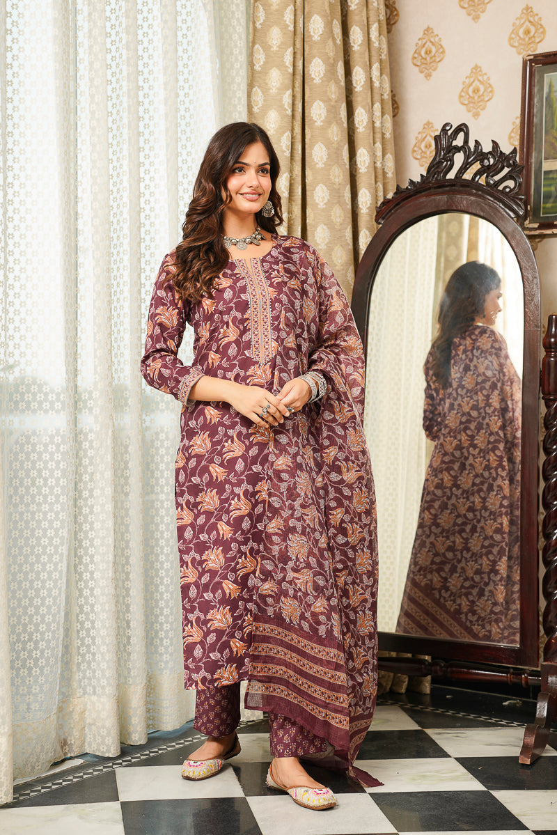 Brown Cotton Blend Floral Printed Straight Kurta Trousers With Dupatta VKSKD2404