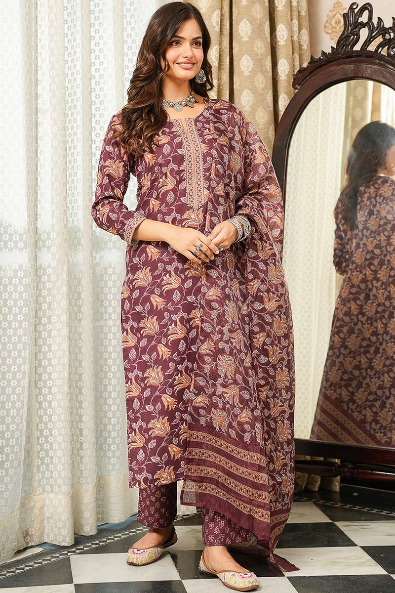 Brown Cotton Blend Floral Printed Straight Kurta Trousers With Dupatta VKSKD2404