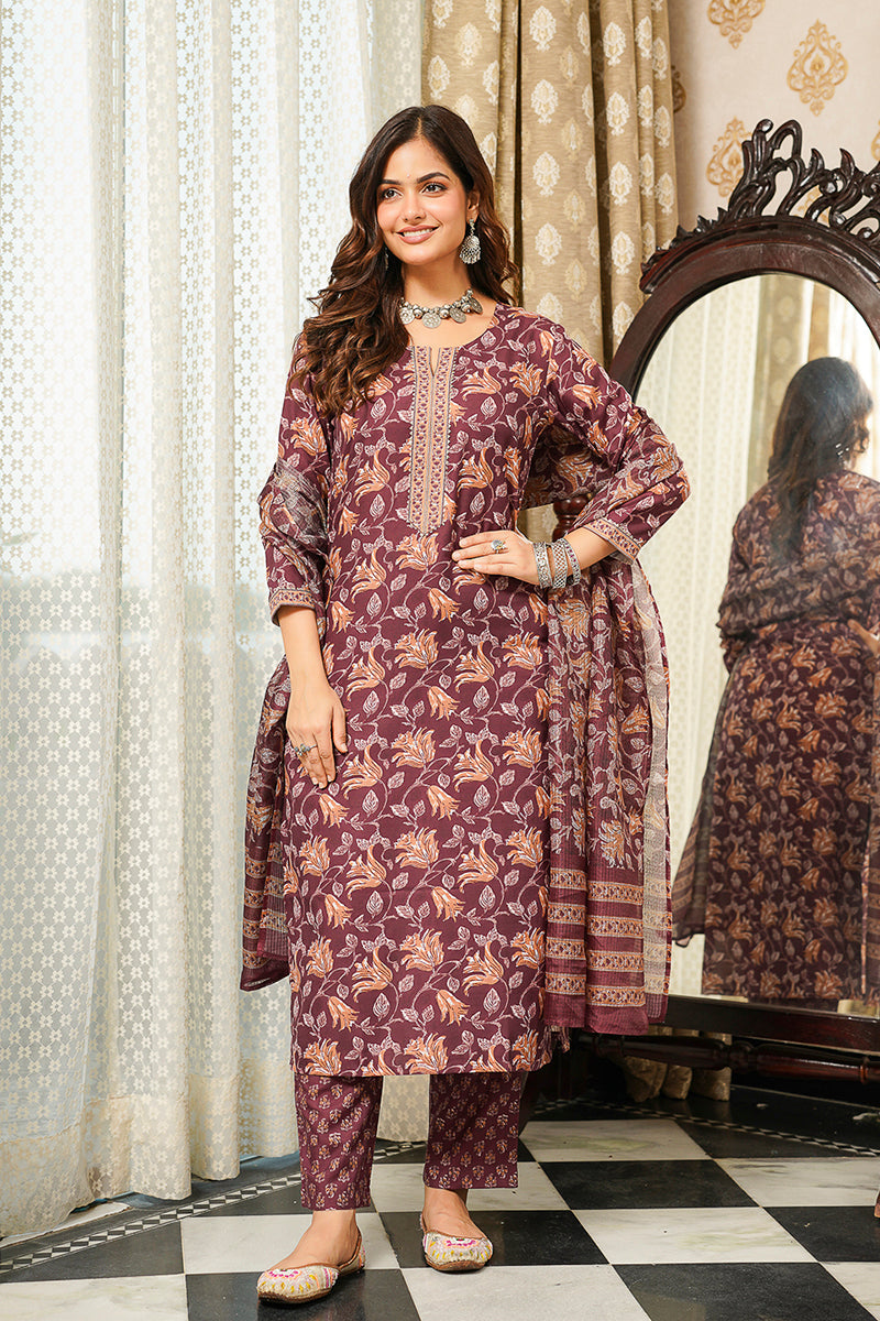 Brown Cotton Blend Floral Printed Straight Kurta Trousers With Dupatta VKSKD2404