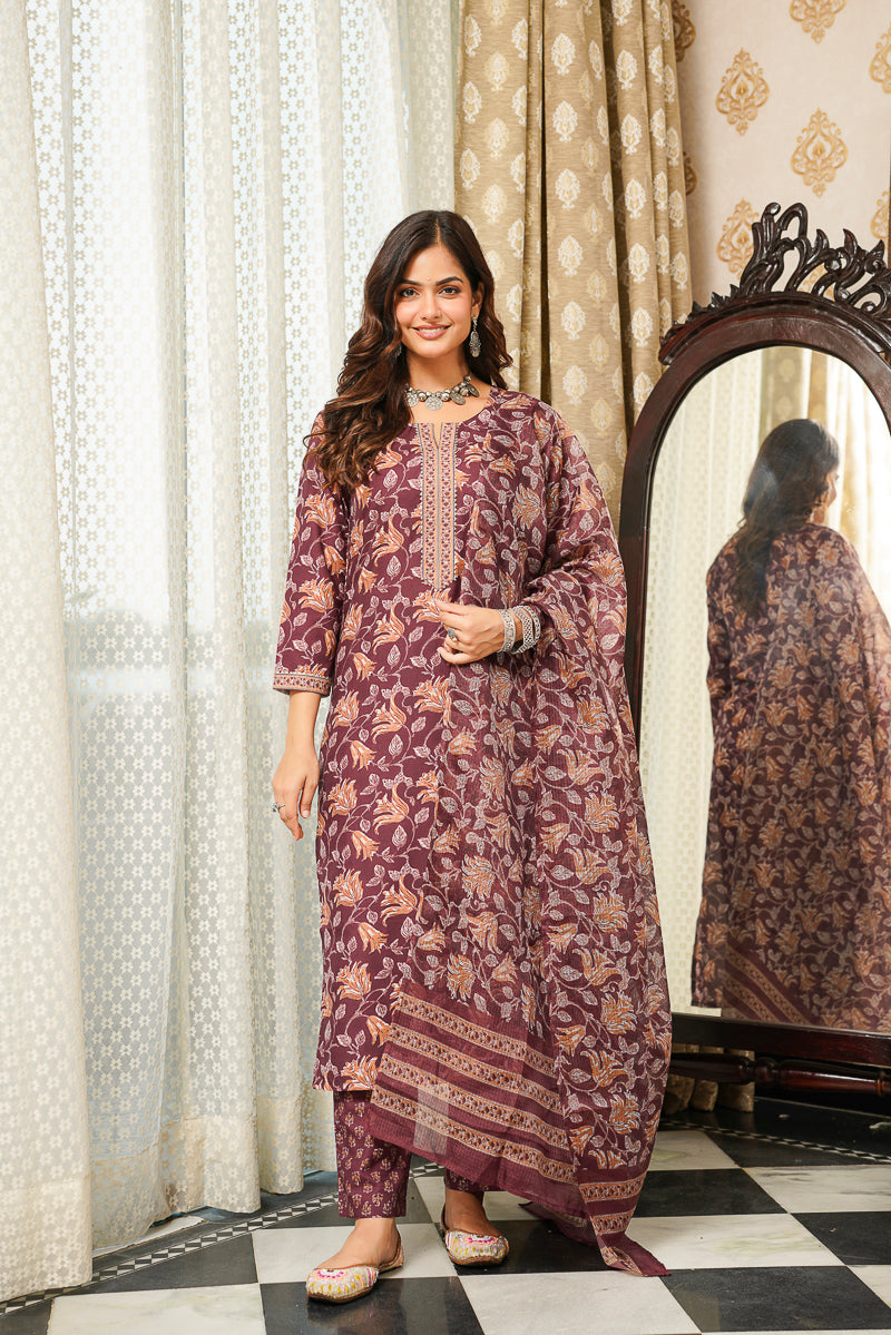 Brown Cotton Blend Floral Printed Straight Kurta Trousers With Dupatta VKSKD2404