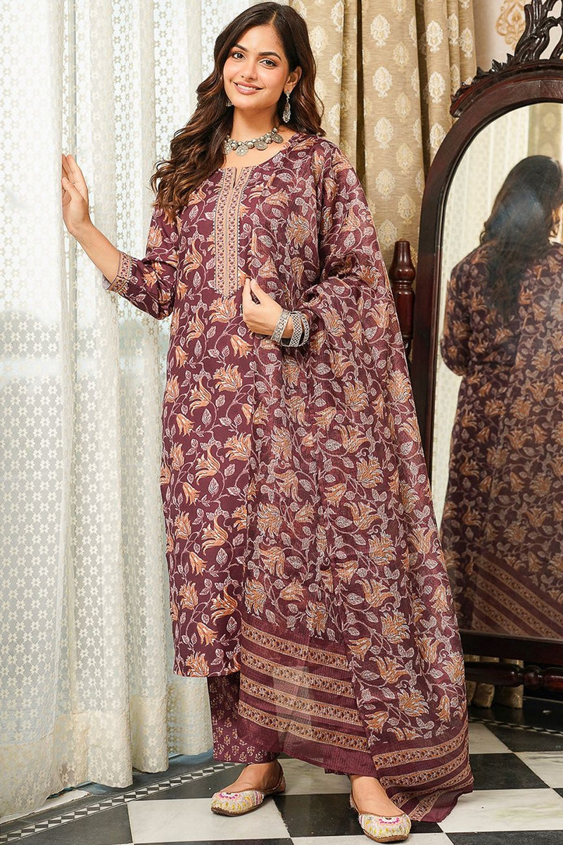 Brown Cotton Blend Floral Printed Straight Kurta Trousers With Dupatta VKSKD2404