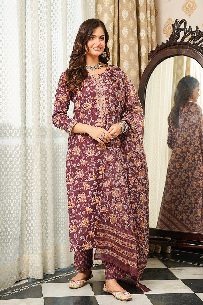 Brown Cotton Blend Floral Printed Straight Kurta Trousers With Dupatta VKSKD2404