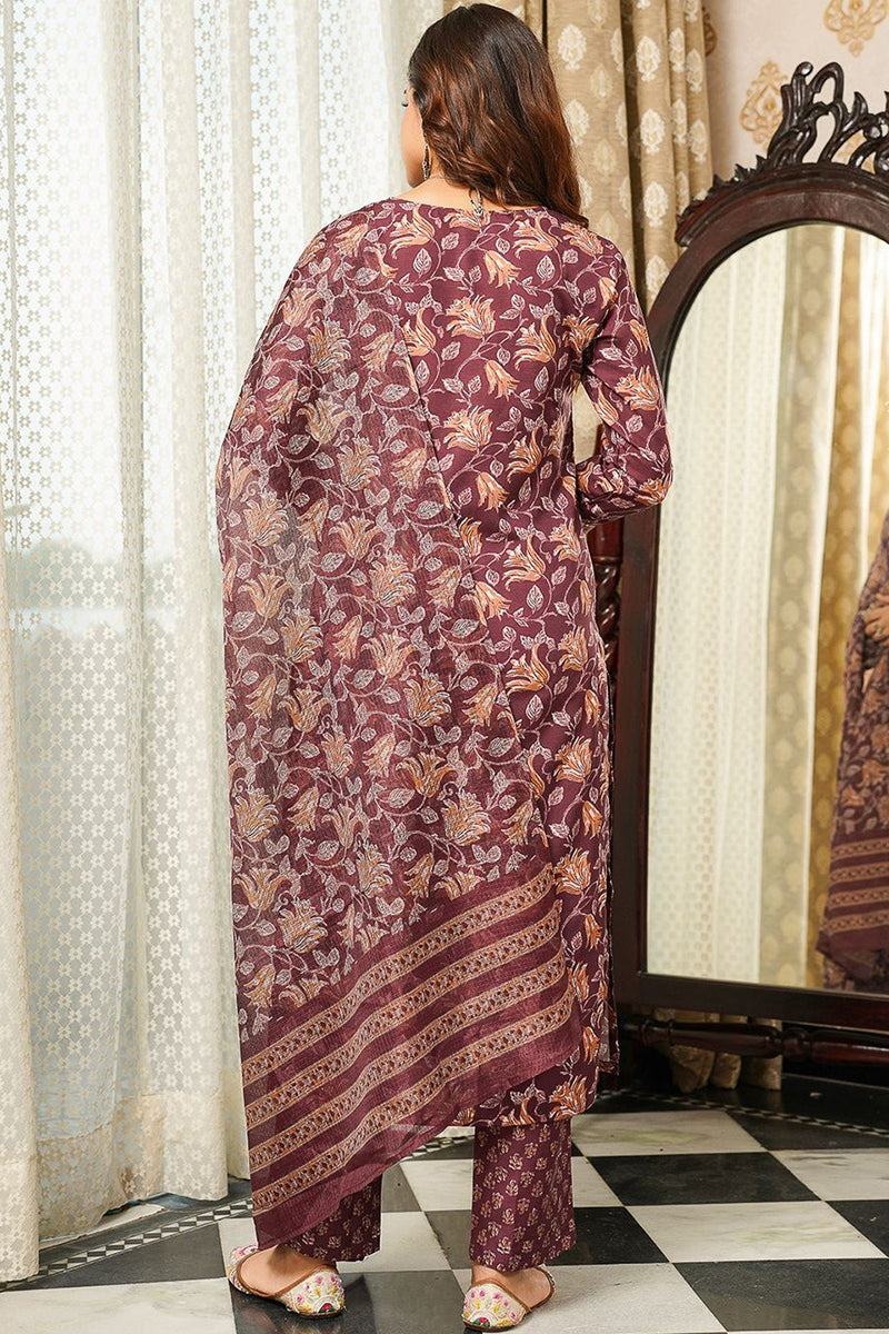 Brown Cotton Blend Floral Printed Straight Kurta Trousers With Dupatta VKSKD2404