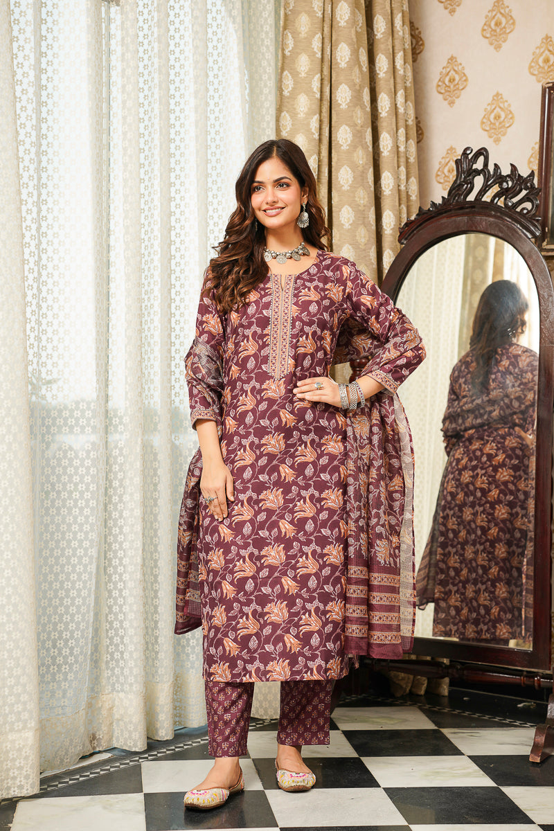 Brown Cotton Blend Floral Printed Straight Kurta Trousers With Dupatta VKSKD2404
