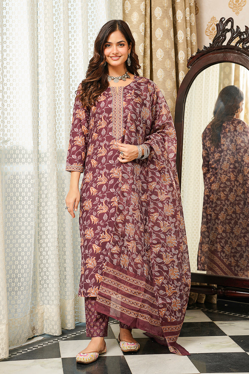 Brown Cotton Blend Floral Printed Straight Kurta Trousers With Dupatta VKSKD2404