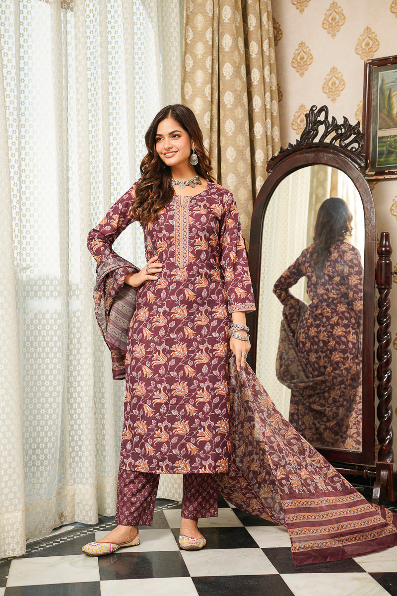 Brown Cotton Blend Floral Printed Straight Kurta Trousers With Dupatta VKSKD2404