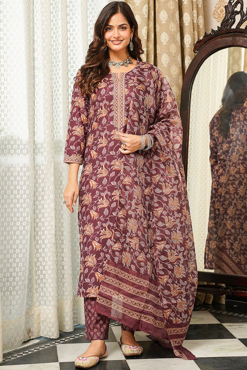 Brown Cotton Blend Floral Printed Straight Kurta Trousers With Dupatta VKSKD2404