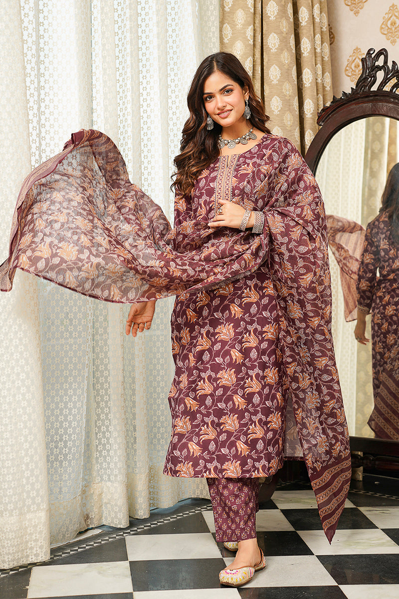 Brown Cotton Blend Floral Printed Straight Kurta Trousers With Dupatta VKSKD2404