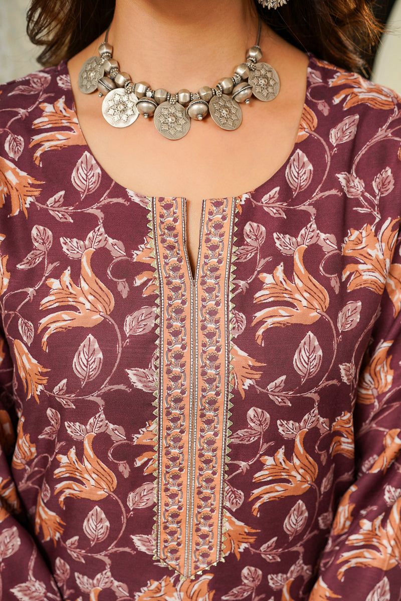 Brown Cotton Blend Floral Printed Straight Kurta Trousers With Dupatta VKSKD2404