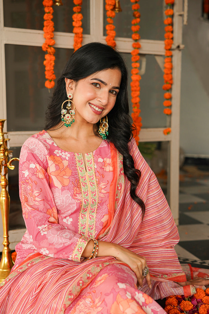 Pink Cotton Blend Floral Printed Straight Kurta Trousers With Dupatta VKSKD2405