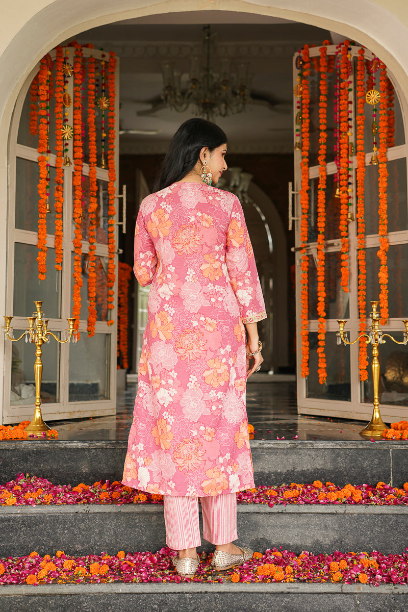 Pink Cotton Blend Floral Printed Straight Kurta Trousers With Dupatta VKSKD2405