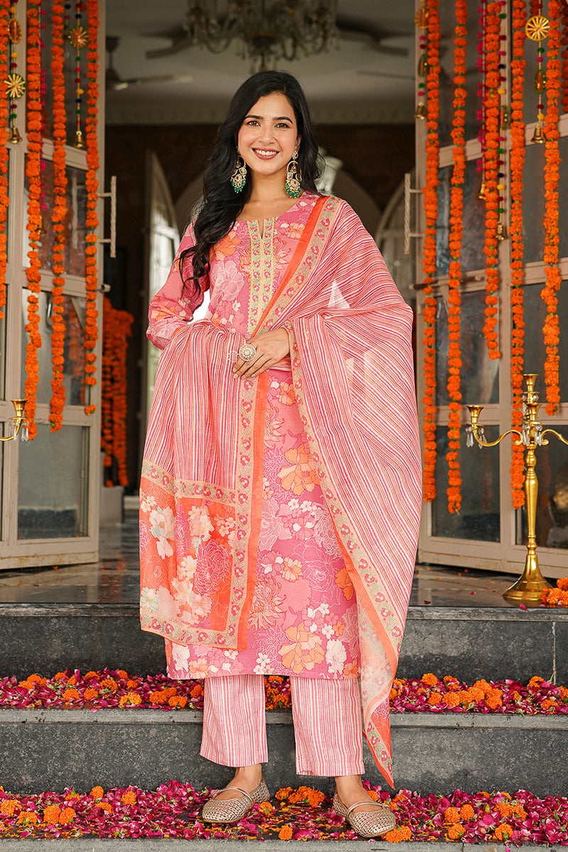 Pink Cotton Blend Floral Printed Straight Kurta Trousers With Dupatta VKSKD2405